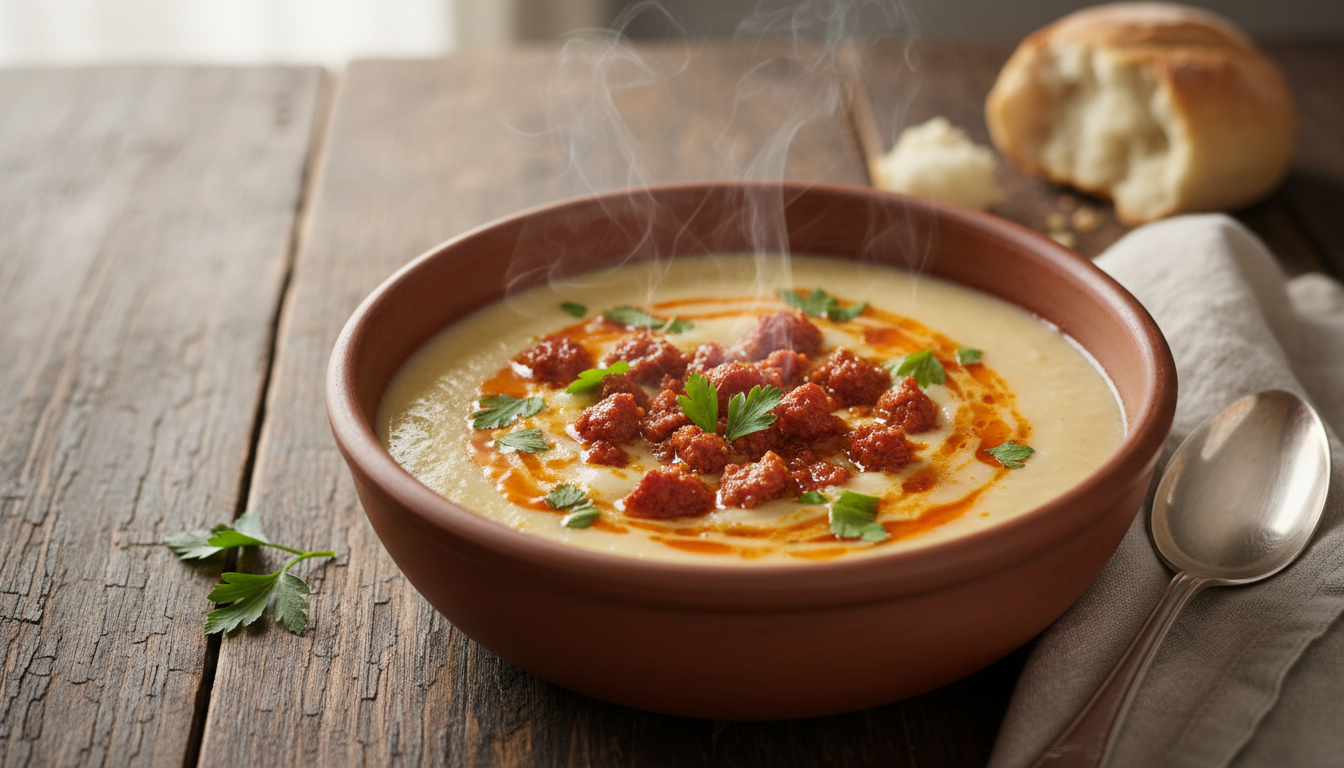 découvrez notre recette de soupe veloutée de chou-fleur au chorizo, parfaite pour réchauffer votre maison et égayer les journées grises d'hiver avec un délice savoureux et réconfortant.