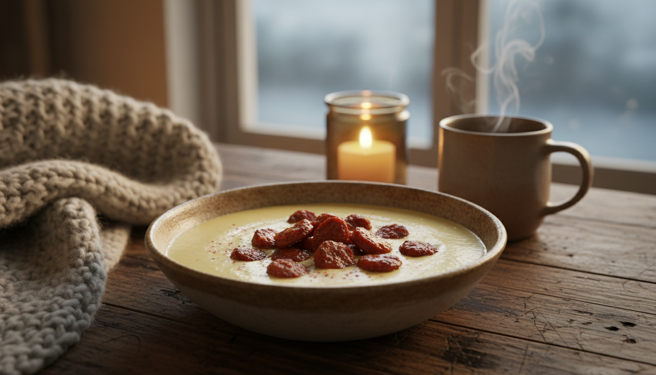 découvrez notre recette réconfortante de soupe veloutée de chou-fleur au chorizo, parfaite pour réchauffer votre maison et égayer les journées grises d'hiver.
