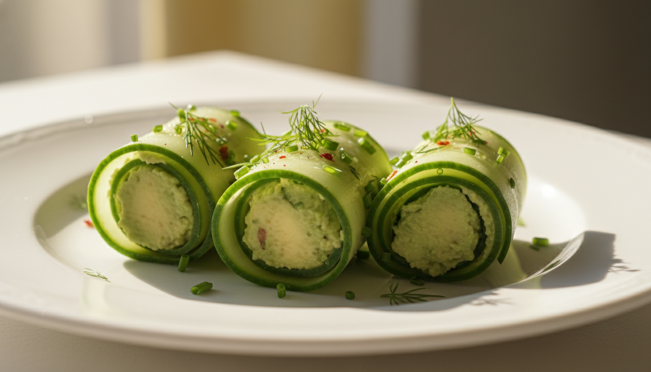 découvrez les roulés de concombre au caviar d’avocat, une recette légère et gourmande parfaite pour une entrée fraîche et raffinée.