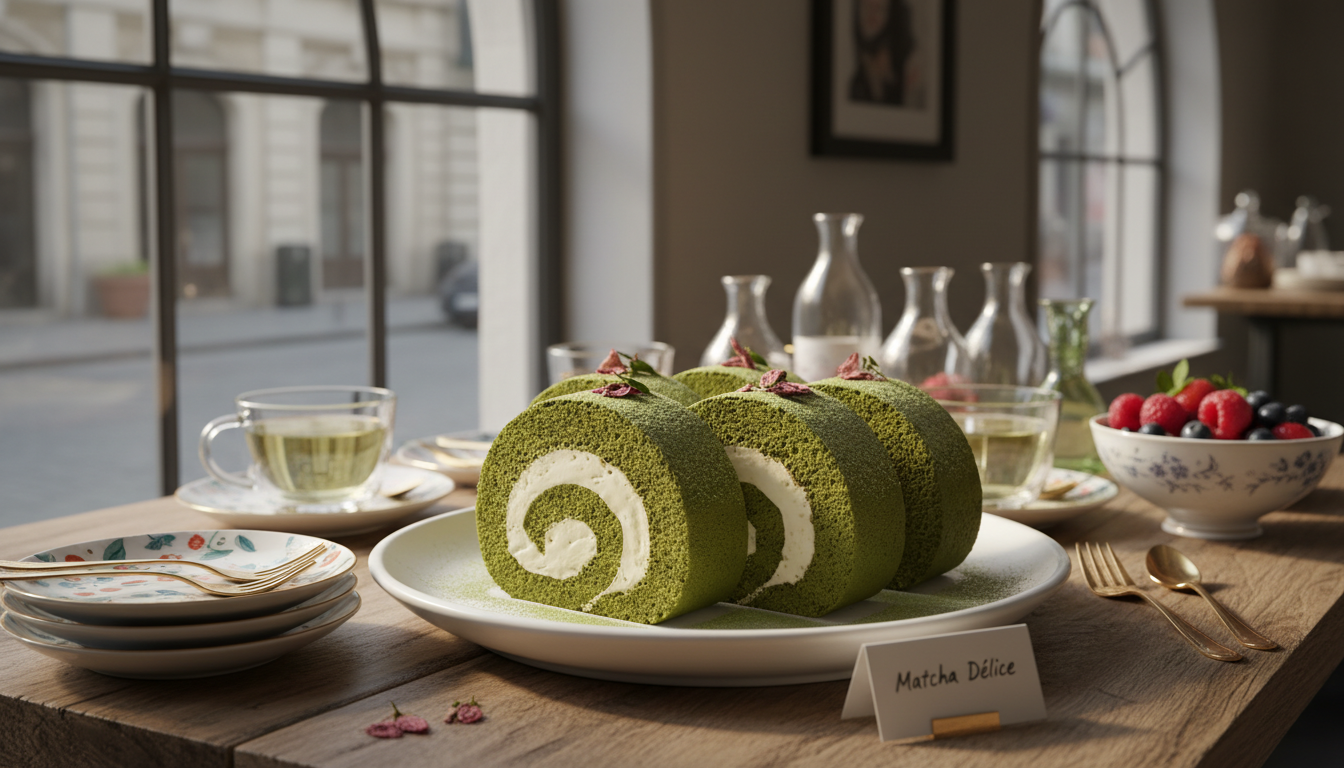 découvrez nos roulés moelleux au thé vert matcha, garnis d'une crème onctueuse à la vanille pour un dessert léger et savoureux, parfait pour toutes les occasions.