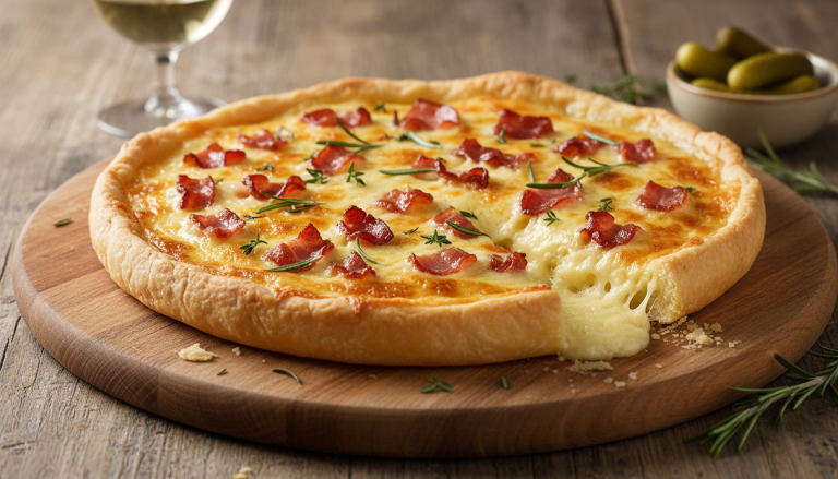 découvrez notre recette gourmande de tarte au fromage à raclette et lardons fumés, une délicieuse spécialité à savourer en famille ou entre amis.