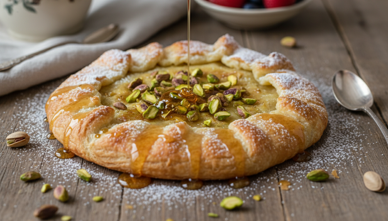 découvrez une galette feuilletée croustillante garnie de miel tiède et de pistaches fondantes, l’épiphanie la plus gourmande à savourer en famille ou entre amis.