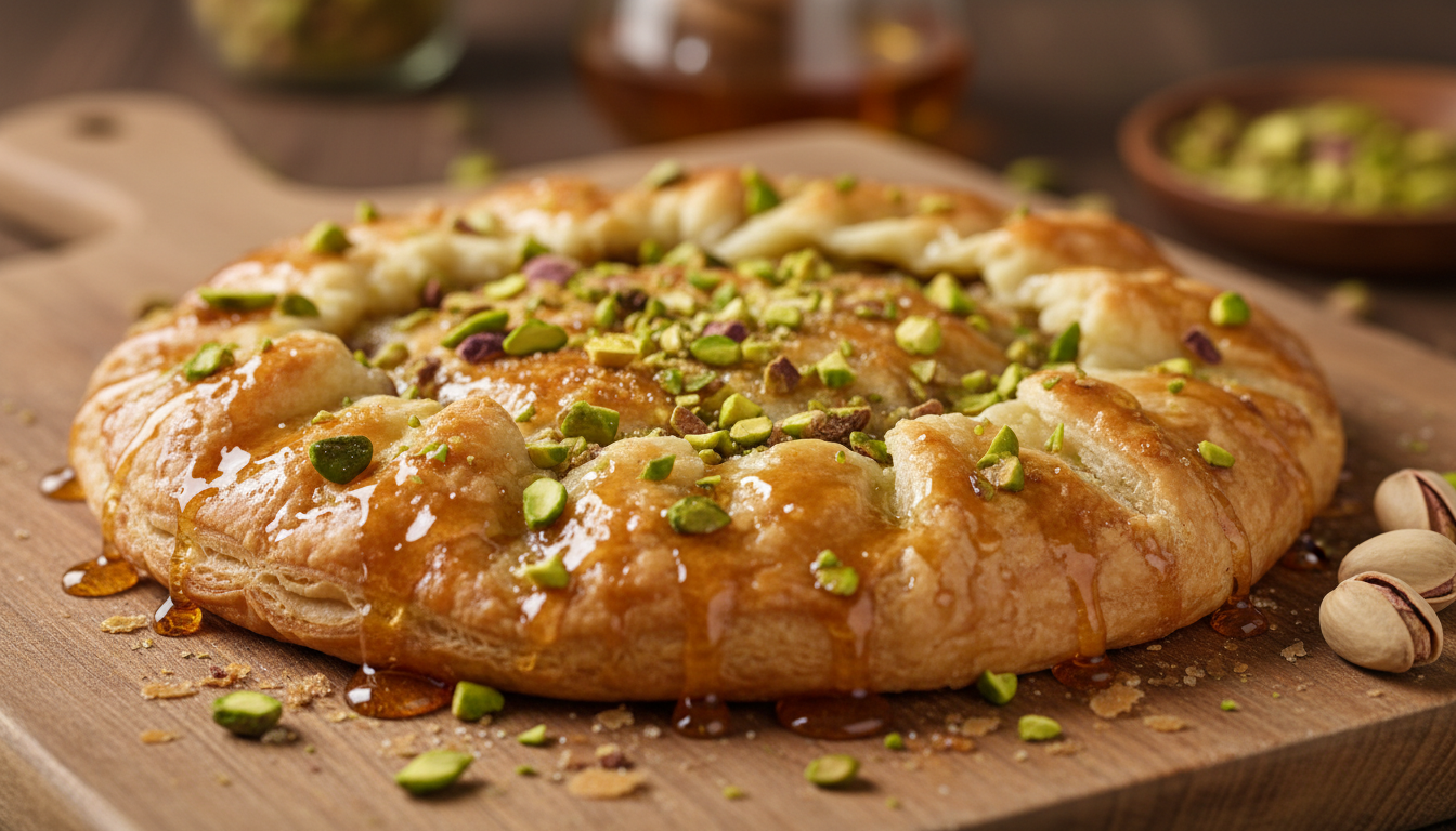 découvrez notre galette feuilletée croustillante, garnie de miel tiède et de pistaches fondantes, pour une épiphanie gourmande et inoubliable à savourer en famille.