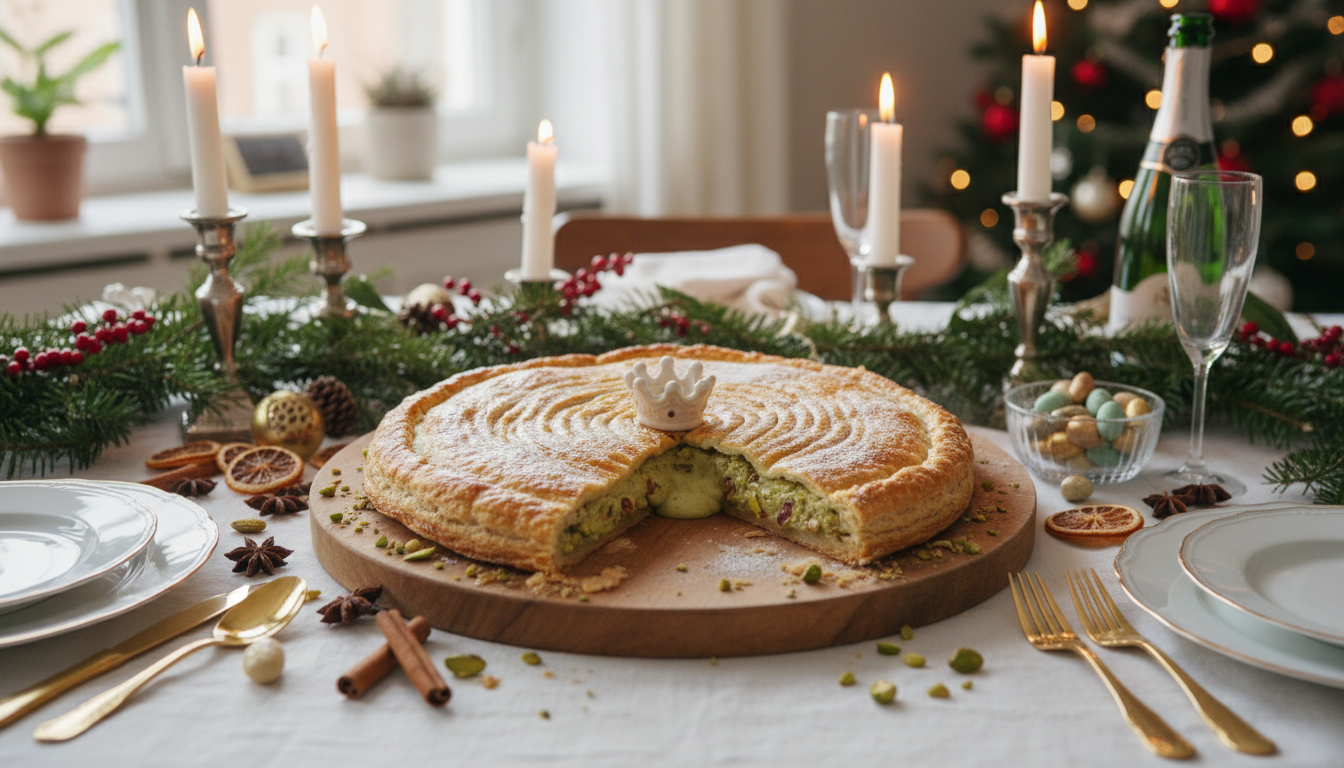 savourez une galette feuilletée croustillante accompagnée de miel tiède et de pistaches fondantes, pour une épiphanie gourmande et irrésistible.