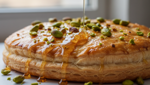 découvrez une galette feuilletée croustillante garnie de miel tiède et de pistaches fondantes pour une épiphanie gourmande et savoureuse à partager en famille ou entre amis.