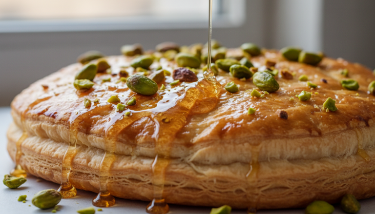 découvrez une galette feuilletée croustillante garnie de miel tiède et de pistaches fondantes pour une épiphanie gourmande et savoureuse à partager en famille ou entre amis.