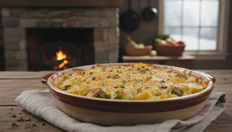 découvrez notre recette de gratin hivernal aux choux de bruxelles et pommes de terre, avec une cuisson préparatoire qui sublime ce plat chaleureux et réconfortant, parfait pour les soirées d'hiver.