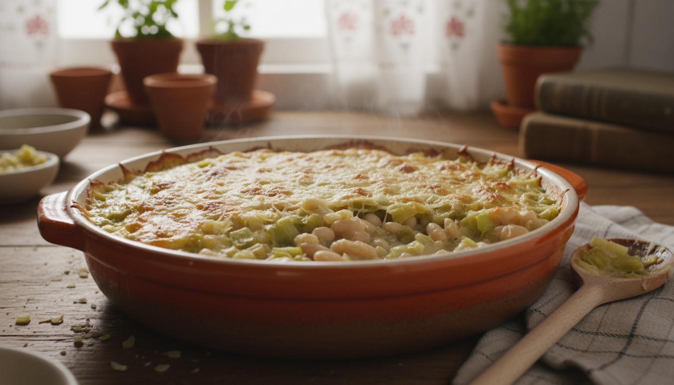 découvrez notre gratin poireaux et haricots blancs, une recette végétarienne simple et savoureuse, préparée avec seulement trois ingrédients du placard pour une explosion de douceur.