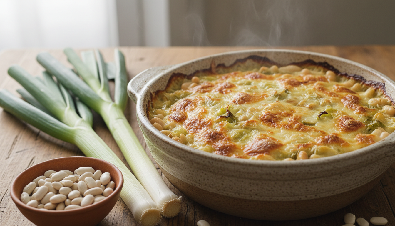 découvrez notre recette simple et savoureuse de gratin poireaux et haricots blancs, une douceur végétarienne réalisée avec seulement trois ingrédients du placard.