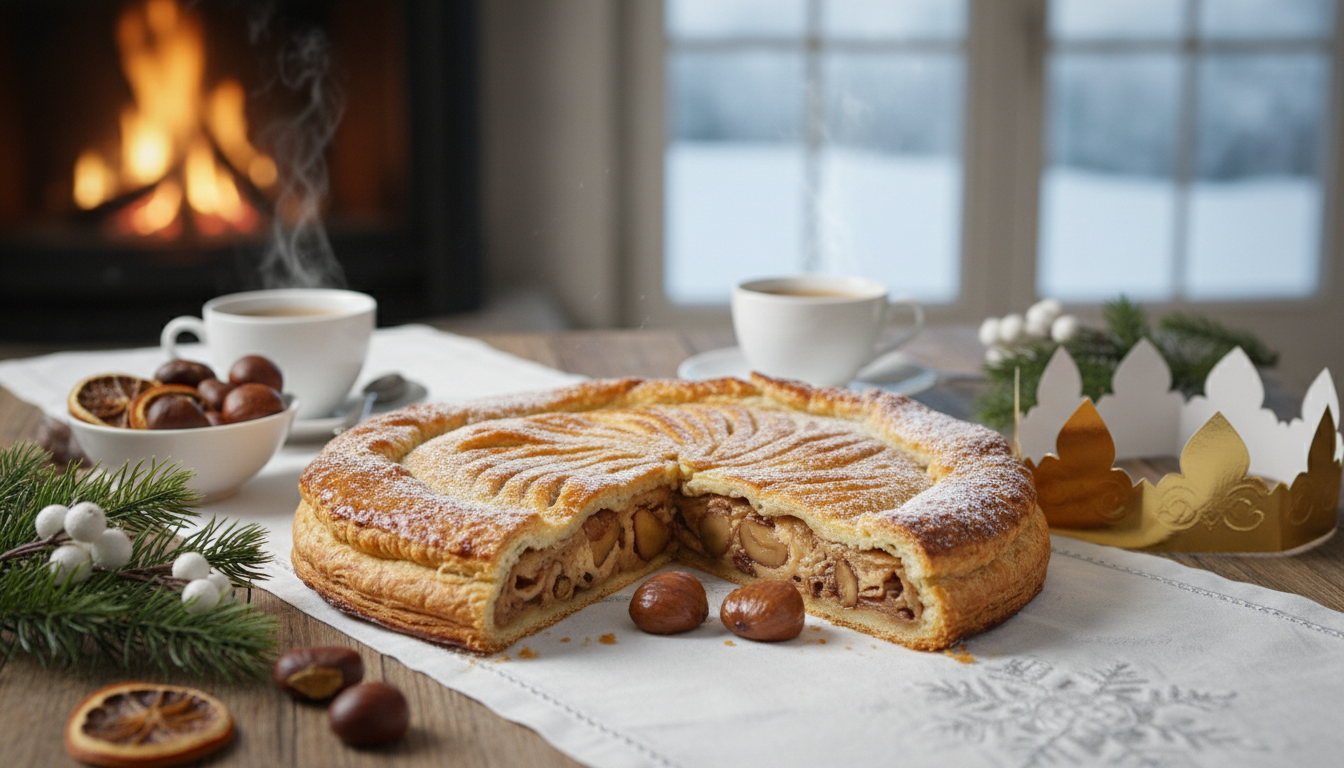 découvrez notre galette des rois revisitée avec une crème de marrons fondante et délicieuse, une gourmandise irrésistible qui séduira tous les amateurs de saveurs authentiques.