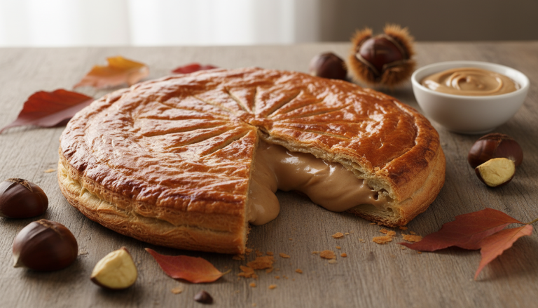 découvrez la galette des rois revisitée avec une crème de marrons fondante, un délice irrésistible qui séduira tous les amateurs de gourmandises.