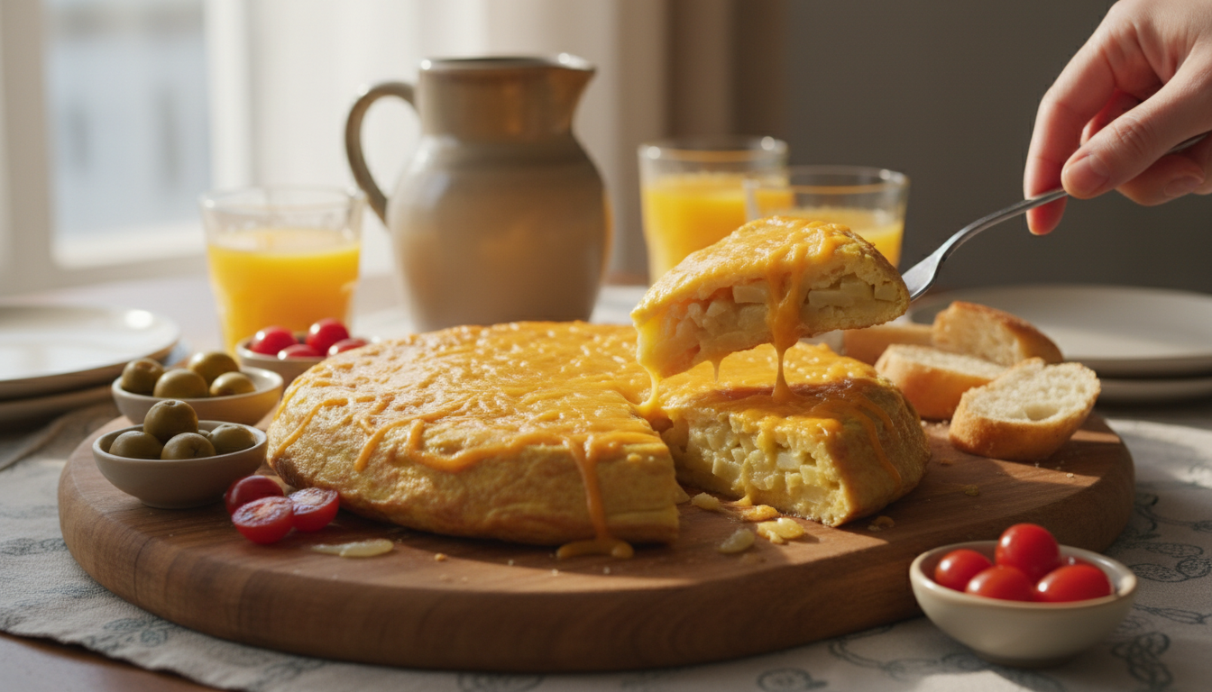 découvrez notre recette gourmande d'omelette à la mode tortilla, garnie de cheddar fondant pour un plaisir savoureux et facile à réaliser.