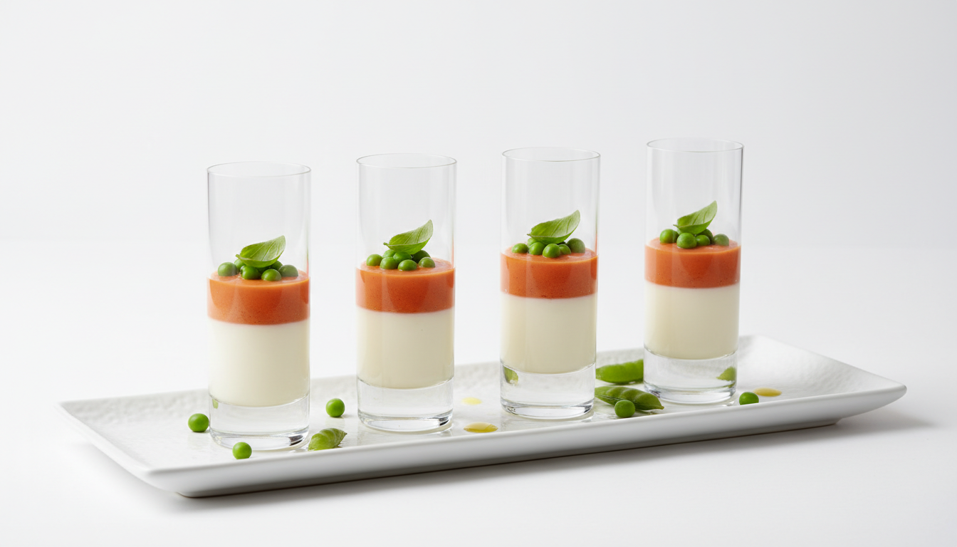 découvrez notre recette raffinée de panna cotta au fromage frais, accompagnée d'une crème de tomate onctueuse et de petits pois frais, pour une entrée élégante et savoureuse.
