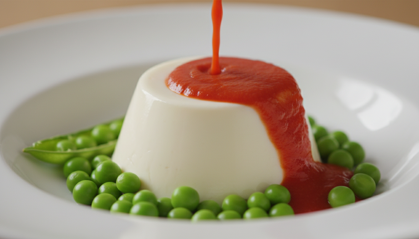 découvrez notre recette raffinée de panna cotta au fromage frais, accompagnée d'une crème de tomate onctueuse et de petits pois frais, pour un plat délicieusement gourmand et original.
