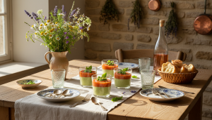 découvrez la recette raffinée de la panna cotta au fromage frais, accompagnée d'une crème de tomate savoureuse et de petits pois frais, pour une expérience gourmande et originale.