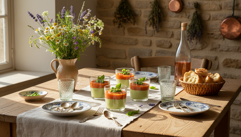 découvrez la recette raffinée de la panna cotta au fromage frais, accompagnée d'une crème de tomate savoureuse et de petits pois frais, pour une expérience gourmande et originale.