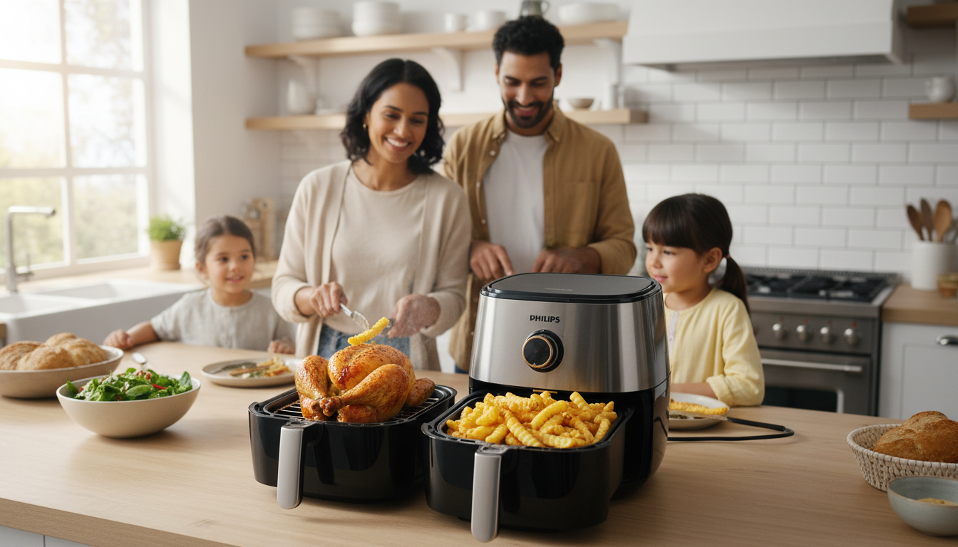 découvrez le philips airfryer série 3000 double panier 9l, équipé de la technologie rapidair pour une cuisson saine, rapide et savoureuse. profitez de repas croustillants sans huile en toute simplicité.