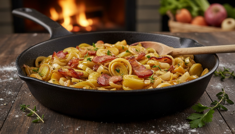 découvrez une poêlée hivernale aux poireaux, pommes et lardons, une recette simple et savoureuse parfaite pour réchauffer les soirées en famille.