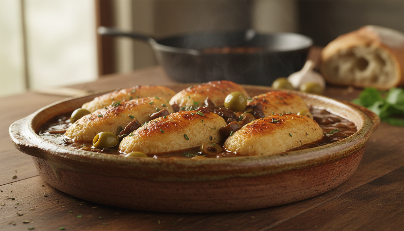 découvrez notre recette de quenelles dorées au four, généreusement nappées d'une sauce tortue savoureuse aux olives et champignons, pour un plat familial moelleux et réconfortant à partager.