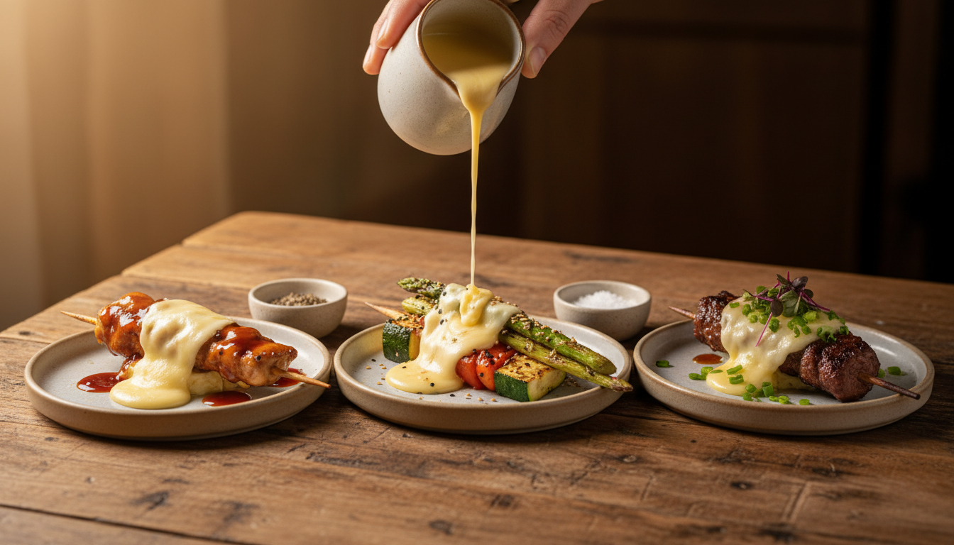 découvrez notre raclette revisitée en trio yakitori, une fusion savoureuse qui promet une explosion de goûts uniques et raffinés à chaque bouchée.