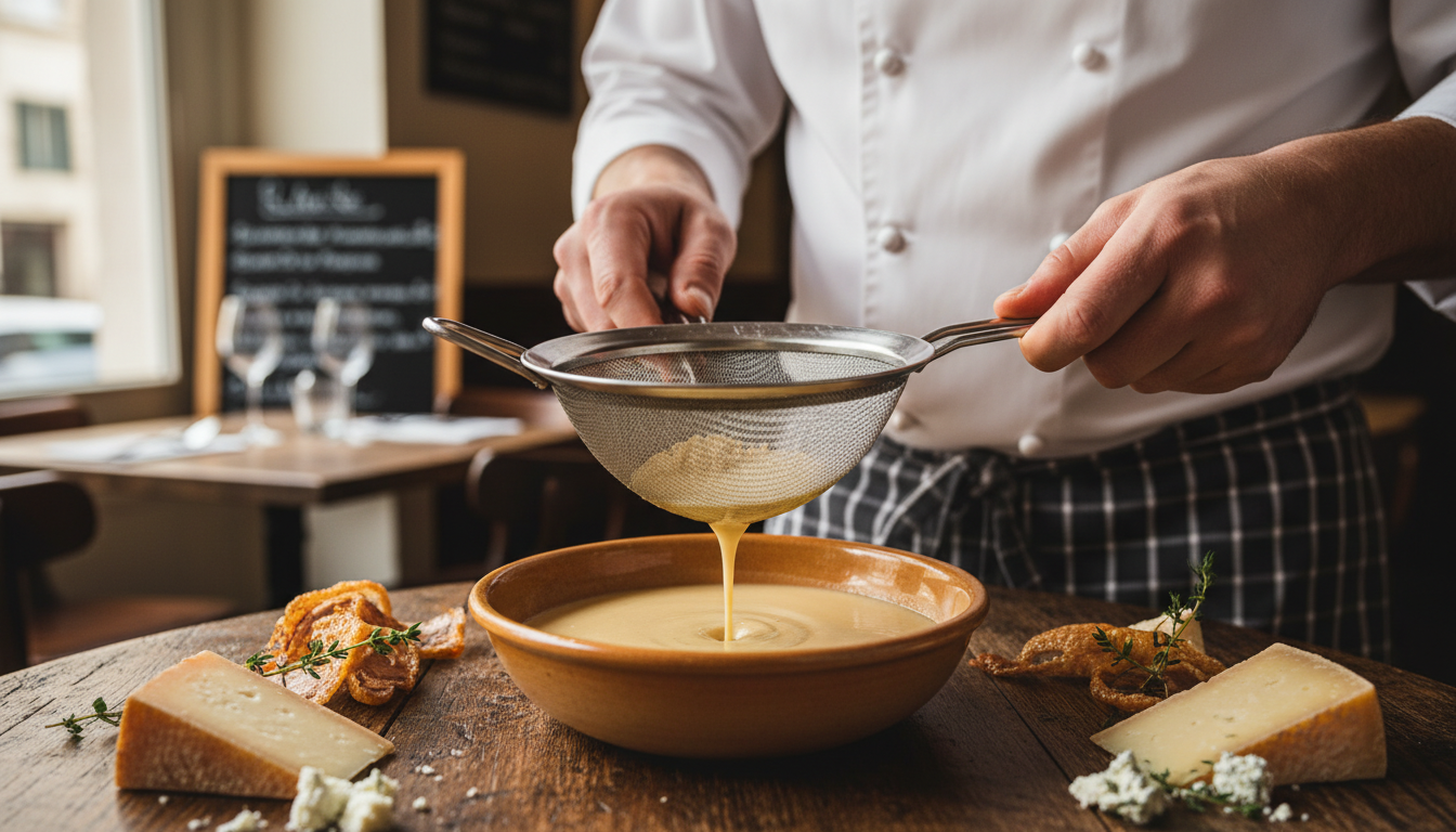 découvrez notre recette de soupe onctueuse de topinambours, rehaussée de chips de magret séché et d'une délicate touche fromagère pour un plat savoureux et raffiné.