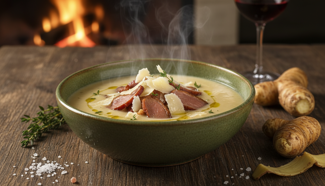découvrez une recette raffinée de soupe onctueuse de topinambours garnie de chips de magret séché et d'une touche fromagère pour un goût savoureux et unique.