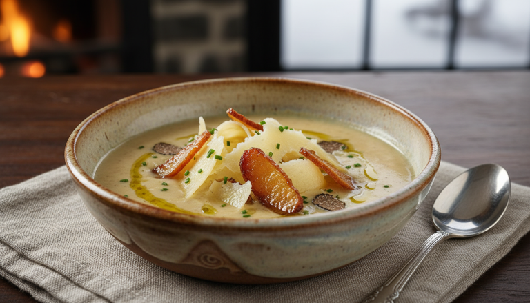 découvrez une recette savoureuse et raffinée de soupe onctueuse de topinambours, rehaussée par des chips de magret séché croustillantes et une délicate touche fromagère.