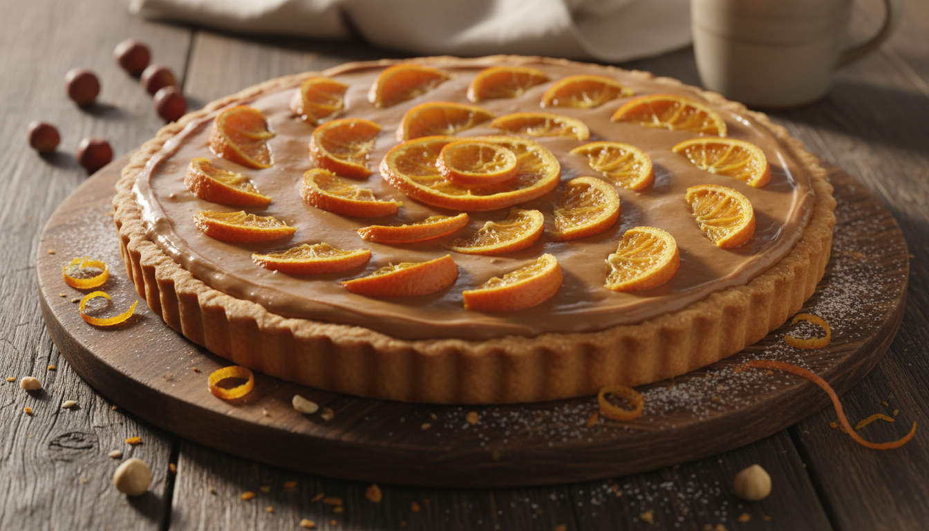 découvrez la tarte gourmande à la crème de noisettes et orange, une alliance surprenante qui séduira tous les passionnés de douceurs avec son goût unique et raffiné.