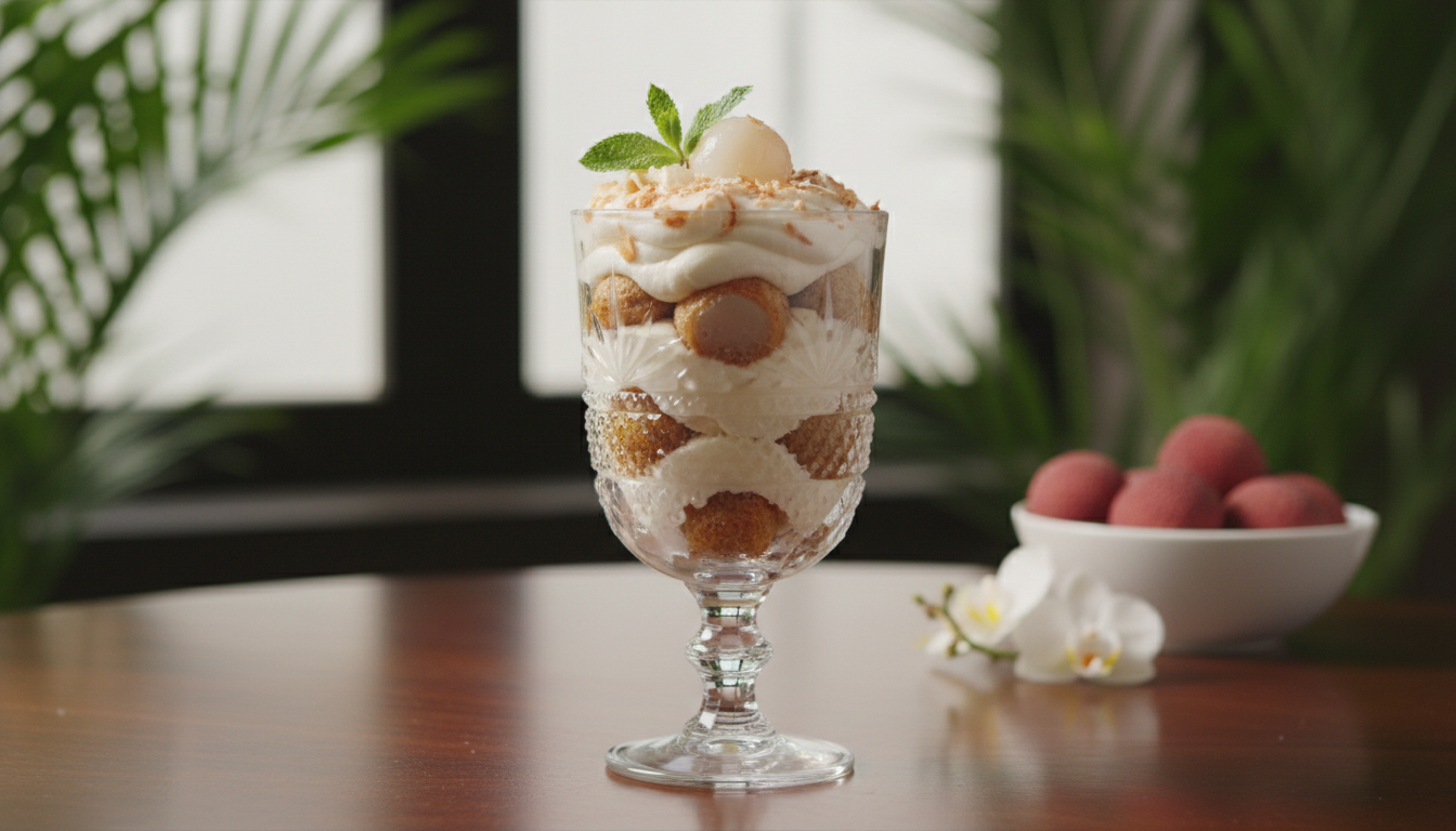 découvrez un tiramisu revisité alliant la douceur exotique des litchis juteux et la richesse de la crème de coco, sans café ni cacao, pour une expérience gourmande et originale.