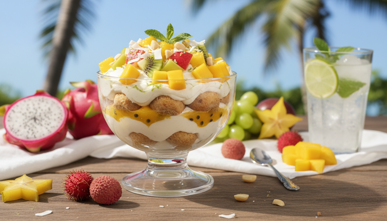 découvrez notre tiramisu revisité alliant l'exotisme des litchis juteux et la douceur de la crème de coco, sans café ni cacao, pour une expérience gourmande originale et fraîche.