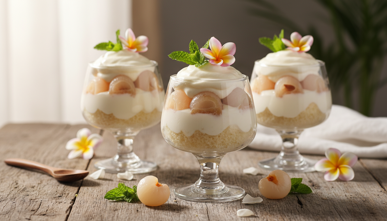 découvrez notre tiramisu revisité, alliant litchis juteux et crème de coco pour une explosion d'exotisme, sans café ni cacao. un dessert frais et original à savourer sans modération.