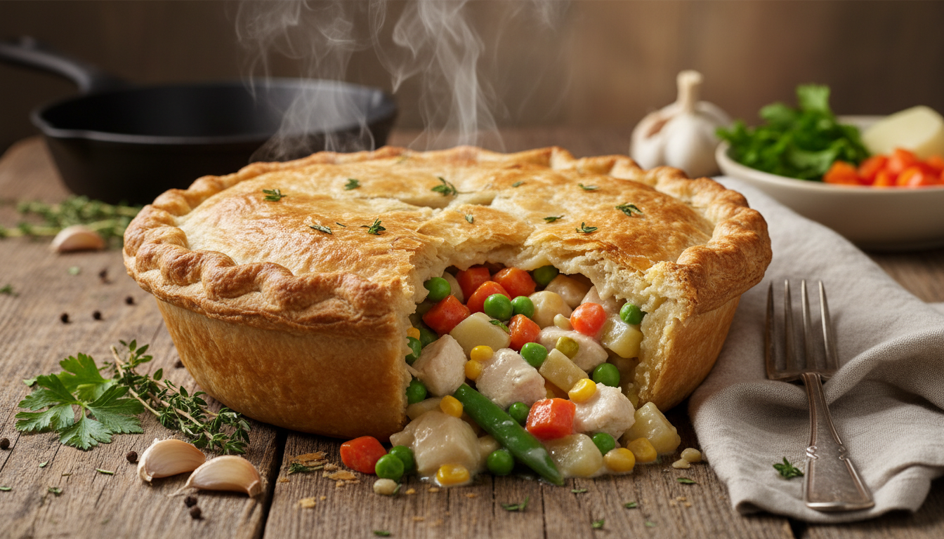 découvrez notre tourte irrésistible alliant un croquant feuilleté à une garniture fondante de poulet et légumes savoureux, parfaite pour un repas gourmand et réconfortant.