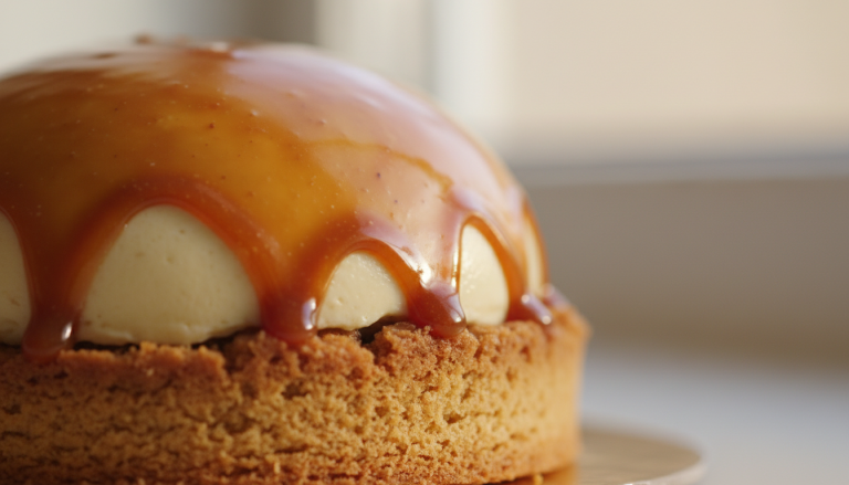 découvrez un dôme banane-caramel fondant sur un biscuit croustillant, la douceur parfaite pour réchauffer vos journées froides de janvier.