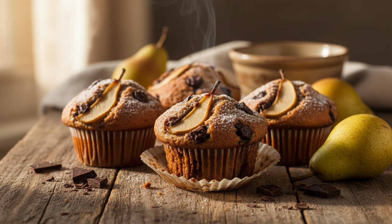 découvrez notre muffin poire-chocolat noir maison, moelleux et parfumé, une gourmandise généreuse qui fond délicieusement dès la première bouchée.