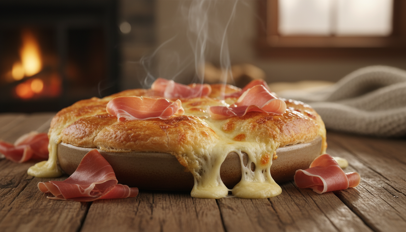découvrez le plat hivernal réconfortant alliant une pâte croustillante, du fromage fondant et du jambon cru, une recette savoureuse qui émerveillera vos papilles.