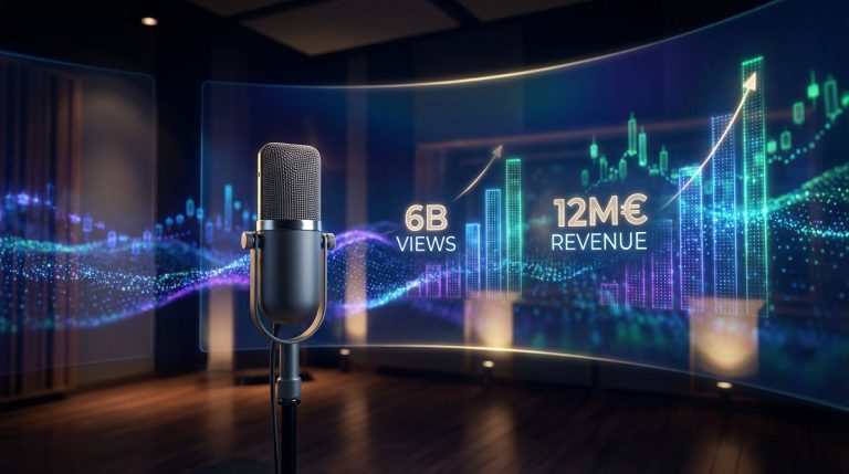 Sleek studio microphone with dynamic, glowing digital data visualizations in background: 6B VIEWS, 12M€ REVENUE, trending upwards.