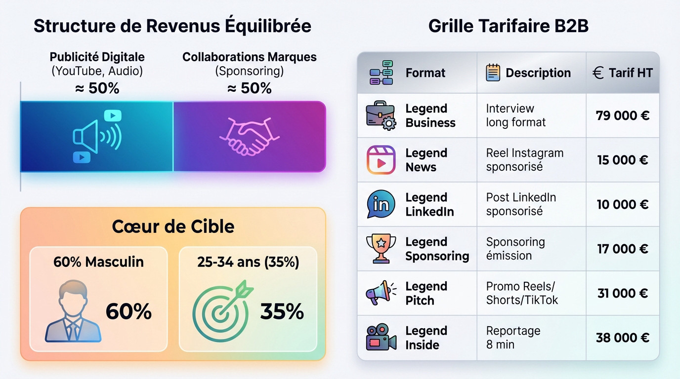 Graphique illustrant le modèle économique et les tarifs B2B du podcast Legend