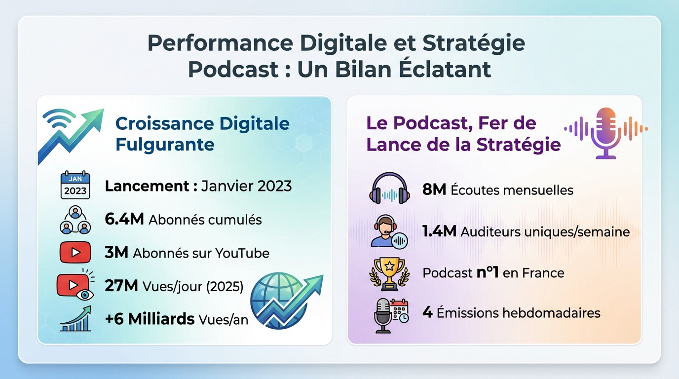 Graphique montrant la croissance exponentielle de l'audience du podcast Legend et ses performances digitales records