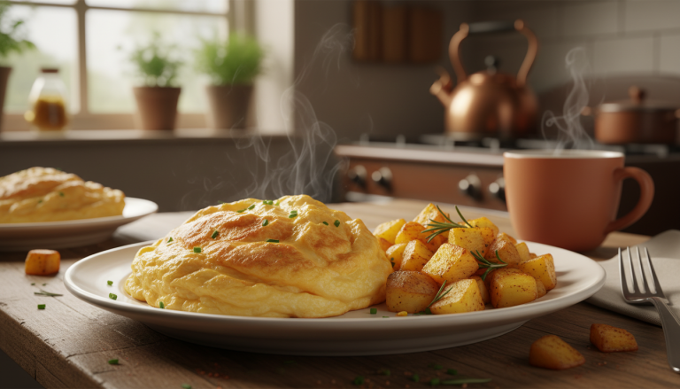 découvrez une omelette soufflée gourmande et légère, réalisée avec seulement trois œufs et une pomme de terre, idéale pour réchauffer vos soirées d’hiver avec un effet waouh garanti.