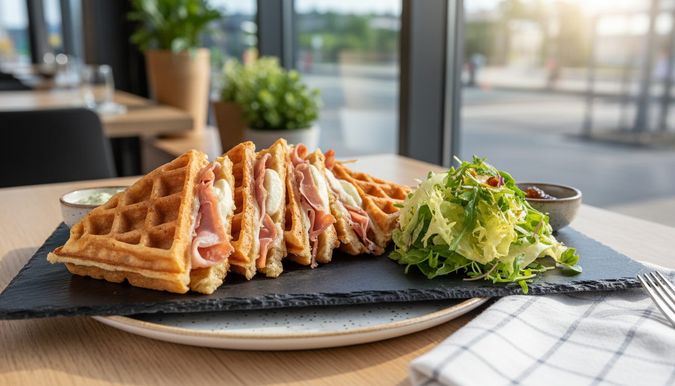 découvrez nos croques gourmands légers alliant jambon maigre et emmental allégé, servis sur des gaufres croustillantes pour un plaisir savoureux et équilibré.
