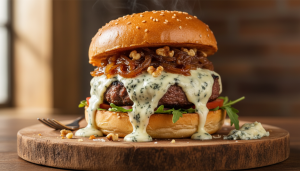 savourez notre recette exclusive de hamburger au fromage bleu, une création gourmande qui promet une expérience culinaire unique et délicieuse.