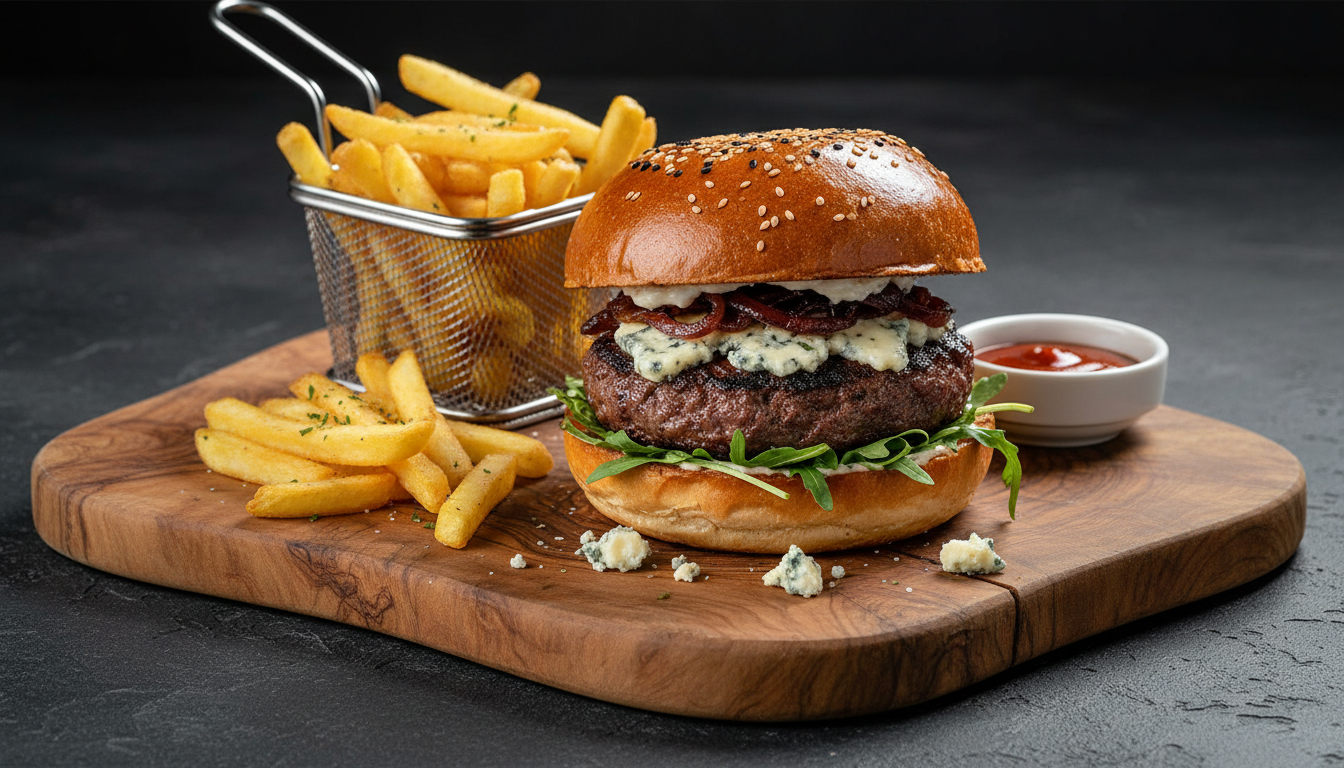 savourez une recette exclusive de hamburger au fromage bleu, alliant saveurs intenses et gourmandise pour un plaisir gourmet inoubliable.