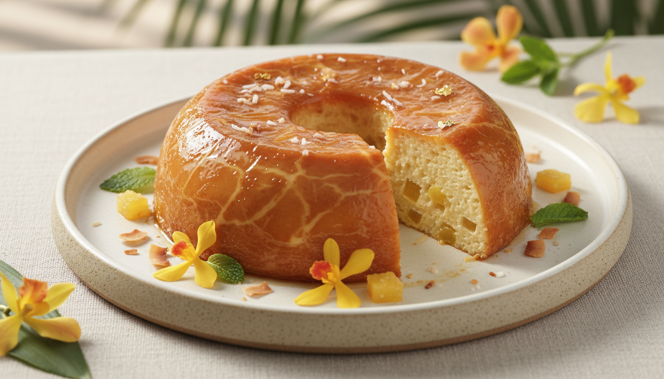 savourez le délice exotique, un flan aérien à l’ananas et à la noix de coco, alliant douceur et fraîcheur pour un dessert tropical irrésistible.