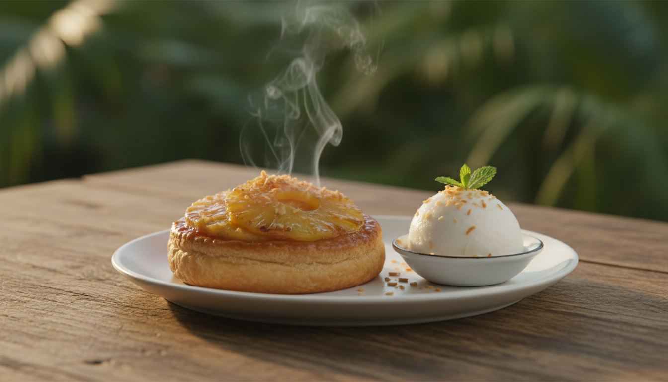 découvrez notre délice exotique : une mini tarte tatin à l'ananas, accompagnée d'un sorbet coco allégé, pour une douceur fruitée et légère pleine de saveurs tropicales.