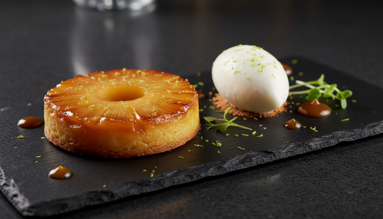 savourez notre délice exotique : une mini tarte tatin à l'ananas fondante, accompagnée d'un sorbet coco allégé, pour une gourmandise fraîche et légère.