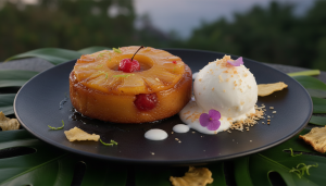 découvrez notre délice exotique : mini tarte tatin à l'ananas accompagnée d'un sorbet coco allégé, une gourmandise fraîche et légère pour un dessert fruité et raffiné.