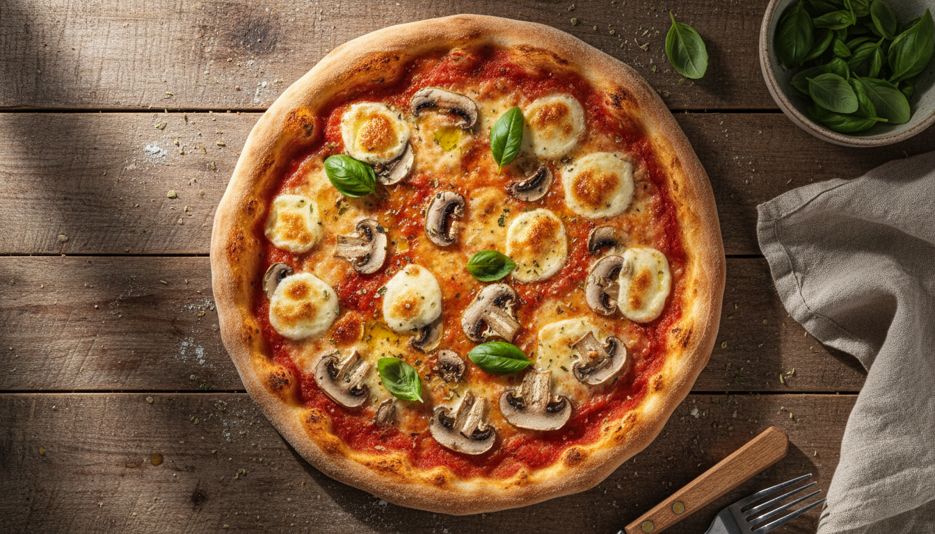 savourez notre délice végétarien, une pizza légère aux champignons de paris frais, parfaite pour un repas gourmand et sain.
