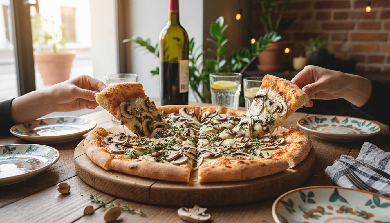 découvrez notre délice végétarien, une pizza légère aux champignons de paris, parfaite pour une pause gourmande et saine.