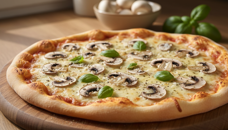 découvrez la délice végétarien, une pizza légère et savoureuse garnie de champignons de paris frais, parfaite pour un repas gourmand et équilibré.