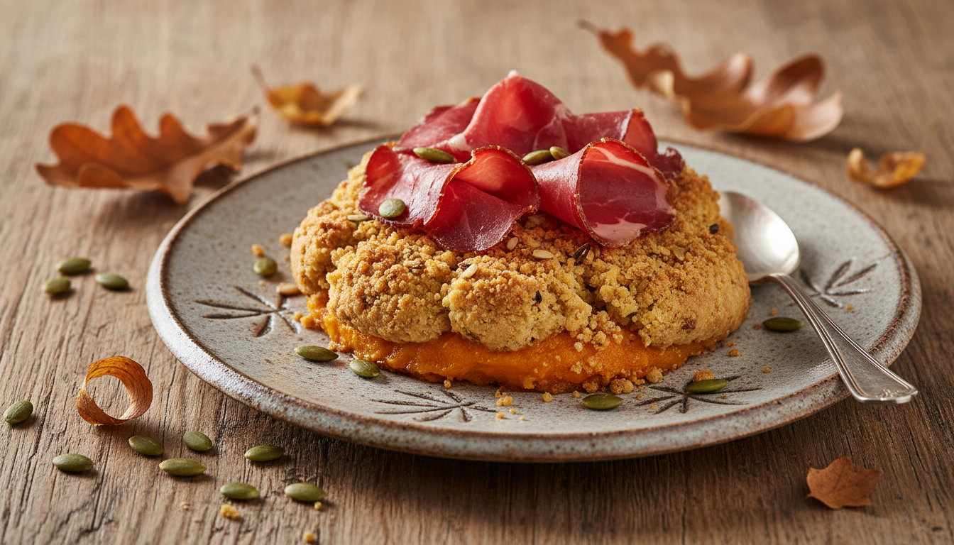 découvrez notre recette automnale de crumble aérien au potimarron et viande des grisons, une harmonie parfaite de saveurs pour régaler vos papilles.